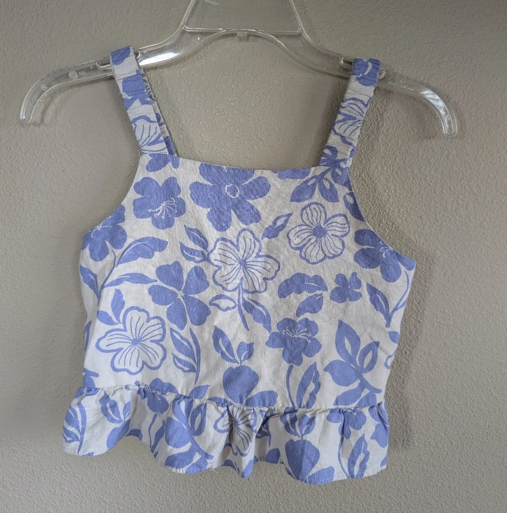 Zara Purple and Off White Floral Kids Tank Top With Ruching On The Back